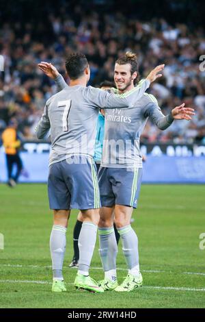 MELBOURNE, AUSTRALIA, JULY 24: Cristiano Ronaldo celebrates his goal with Gareth Bale in match 3 of the 2015 International Champions Cup Stock Photo