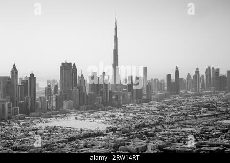 Dubai, United Arab Emirates, October 17, 2014: Skyline of city with the famous Burj Khalifa taken in black and white Stock Photo