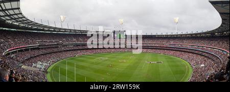 Melbourne, Australia, April 25, 2015: Panoramic view of Melbourne Cricket Ground on ANZAC Day 2015 Stock Photo