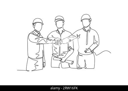 Single continuous line drawing young builder and architect wearing construction vest and helmet handshake joining their hands together. Great teamwork Stock Photo