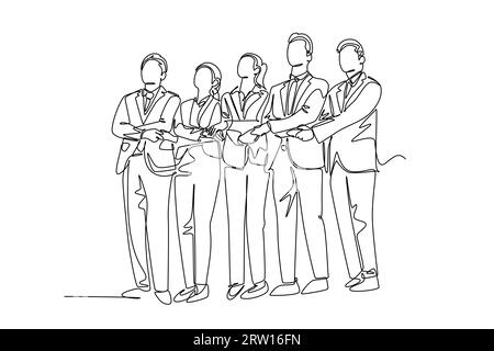 Single continuous line drawing group businessman and businesswoman holding hand together at office. Successful business teamwork performance. Dynamic Stock Photo