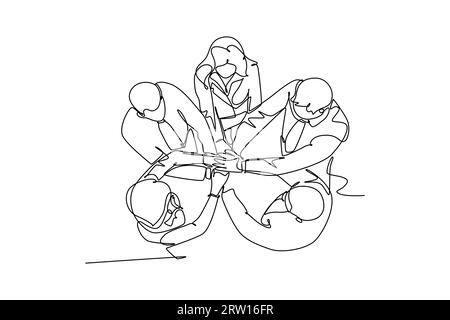 Single continuous line drawing of young business group holding hand together. Business teamwork at office. Successful worker dealing project. Dynamic Stock Photo
