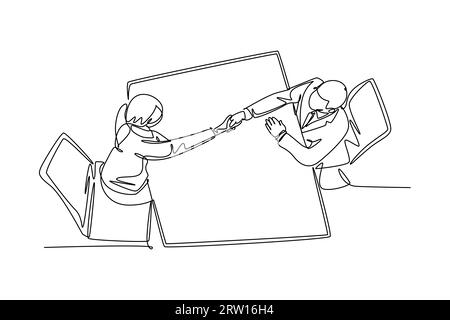 Single continuous line drawing young manager handshake his female worker to congratulate her dealing big project. Business agreement concept. Dynamic Stock Photo