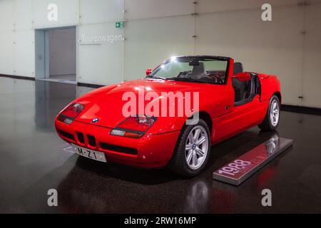 Munich, Germany - July 08, 2021: BMW Z1 at BMW Museum interior, it is an automobile museum of BMW history located near the Olympiapark in Munich, Germ Stock Photo