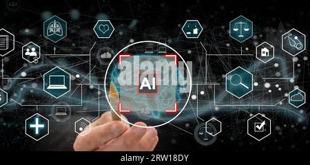 Businesspeople may use the Internet to connect financial networks and do information searches on their mobile devices utilizing artificial Stock Photo