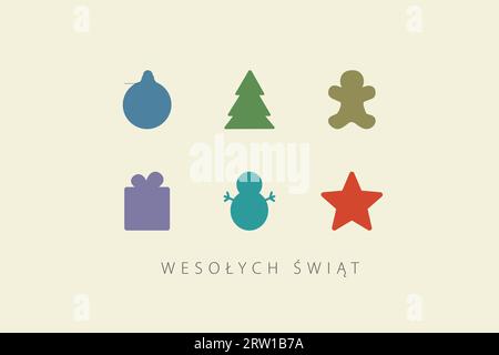 Greeting card with Merry Christmas lettering in Polish (Wesołych Świąt) and christmas decorations Stock Vector