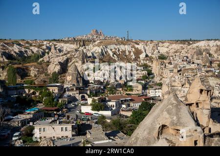 05.09.2017, Turkey, Nevsehir, Goereme - View of the village in a valley in the Goereme National Park in Cappadocia, with tufa stones and fairy chimney Stock Photo