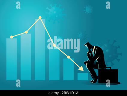 Financial and economic crisis due covid-19 pandemic symbolize by decreasing graphic chart and listless businessman Stock Vector