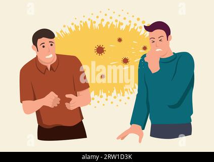 Simple flat vector illustration of a man afraid of his friend sneezing in front of him. Coronavirus covid-19 infographic. Cartoon style illustration Stock Vector