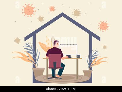 Simple flat vector illustration of a man working at home during coronavirus pandemic Stock Vector
