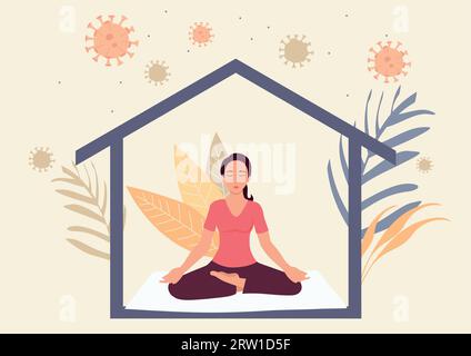 Simple flat vector illustration of stay at home concept. Woman meditating during self isolation. Quarantine or self isolation during covid-19 pandemic Stock Vector