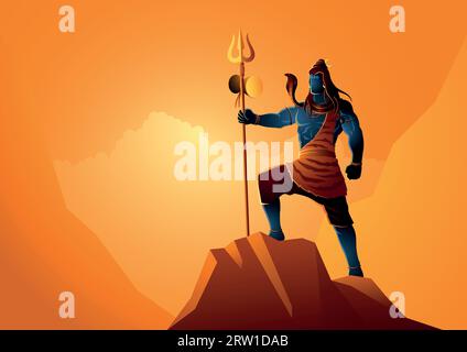 Vector illustration of Lord Shiva standing on top of a rock, Indian God of Hindu Stock Vector