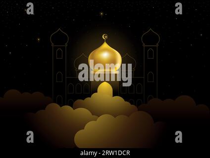 Vector illustration of Ramadan Kareem greeting with golden dome mosque on clouds Stock Vector