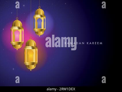 Vector illustration of Ramadan Kareem greeting with colourful lights from hanging lanterns Stock Vector