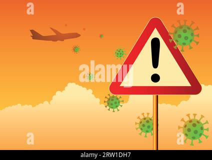 Vector illustration of warning road sign with virus icon flying around Stock Vector