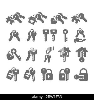 House and home keys vector icon set. Car keys, real estate and padlock icons. Stock Vector