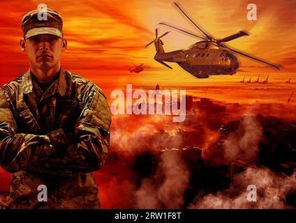 War, man and soldier, helicopter and fire with military transport, army in a post apocalyptic landscape and conflict. Survival, mission and warrior Stock Photo