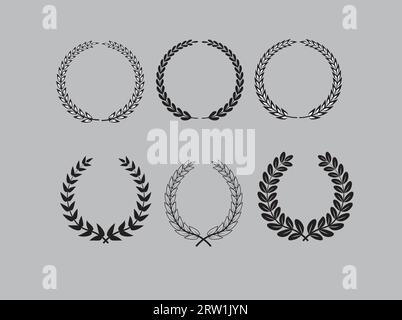 Laurel wreath. Set of outline and silhouette vector hand drawn laurel wreaths isolated on grey background. Doodle style. Outline and silhouette floral Stock Vector