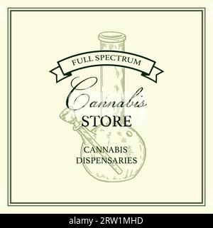 Cannabis store vintage logo template with hand drawn elements. Vector illustration in sketch style Stock Vector