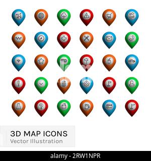 3D map pins set with different icons Stock Vector