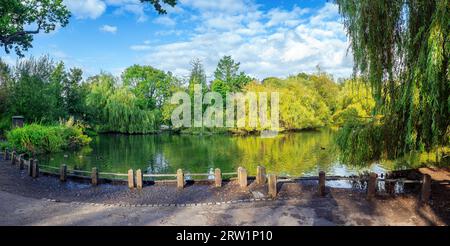 Panorama of a beautiful park with trees and natural vegetation reflected in a pond in the charming town of Orpington in London Stock Photo