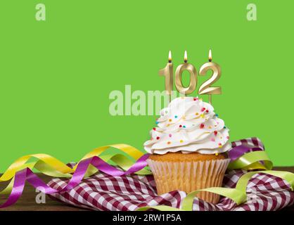 Birthday Cake With Candle Number 102 - On Green Background. Stock Photo