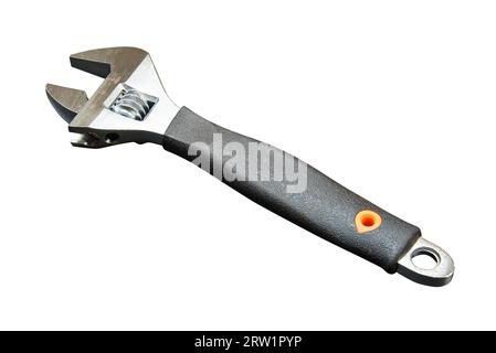 Adjustable wrench with measuring tool Isolated on white background Stock Photo