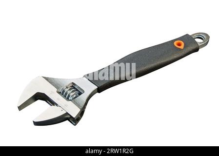 Adjustable wrench with measuring tool Isolated on white background Stock Photo