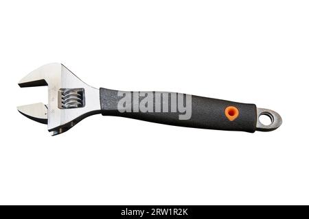 Adjustable wrench with measuring tool Isolated on white background Stock Photo