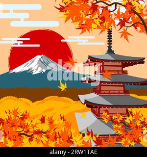Mount Fuji in autumn season near the pagoda. Stock Vector