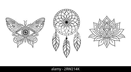 Lotus, dream catcher and all seeing eye icons Stock Vector