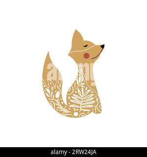 Fox in floral ornament. Modern boho decorative linocut. Stock Vector