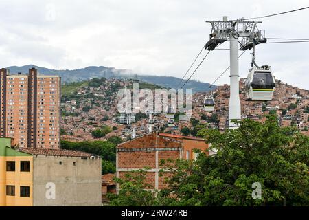 Medellin, Colombia - Apr 16, 2022: Aerial metro station of San Javier in Medellín, Antioquia, Colombia. Stock Photo