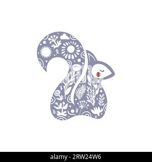 Squirrel hand drawn in linocut or woodcut style, silhouette vector illustration, isolated on white background. Modern boho decorative linocut. Stock Vector
