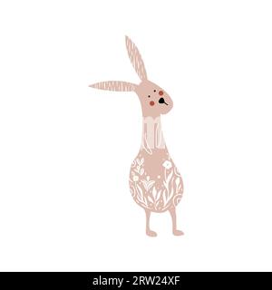 Adorable hare or wild rabbit sitting in flowers, hand drawn in linocut style. Linocut style vector illustration, isolated on white background Stock Vector