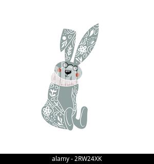 Adorable hare or wild rabbit sitting in flowers, hand drawn in linocut style. Linocut style vector illustration, isolated on white background Stock Vector
