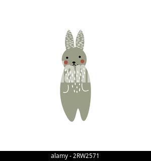 Adorable hare or wild rabbit sitting in flowers, hand drawn in linocut style. Linocut style vector illustration, isolated on white background Stock Vector