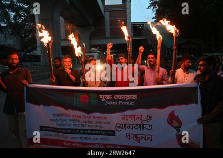 Activists of Youth Forum hold a rally and torch procession to mark International Democracy Day, in front of National Press Club in Dhaka, Bangladesh, on September 16, 2023 Credit: Mamunur Rashid/Alamy Live News Stock Photo