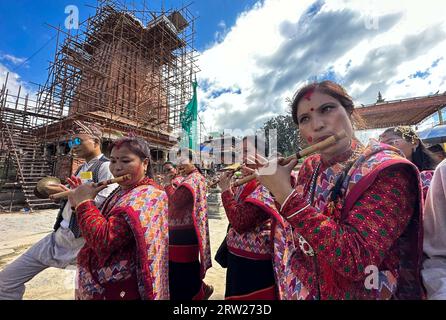 Lalitpur, Bagmati, Nepal. 16th Sep, 2023. People from Newar community play traditional music during an cultural event to mark the end of month-long Gunla festival at Bungamati in Lalitpur, Nepal, September 16, 2023. (Credit Image: © Sunil Sharma/ZUMA Press Wire) EDITORIAL USAGE ONLY! Not for Commercial USAGE! Credit: ZUMA Press, Inc./Alamy Live News Stock Photo