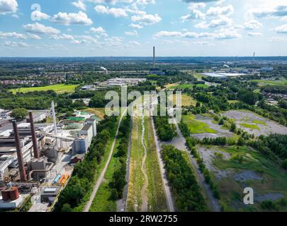 28.07.2023, Germany, North Rhine-Westphalia, Bottrop - Renaturalised Boye, tributary of the Emscher, has been transformed into a near-natural watercou Stock Photo