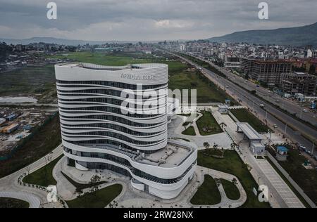 (230916) -- ADDIS ABABA, Sept. 16, 2023 (Xinhua) -- This aerial photo shows the headquarters of the Africa Centers for Disease Control and Prevention (Africa CDC) in Addis Ababa, Ethiopia, Sept. 10, 2023. Located in the southern suburbs of Addis Ababa, the China-aided headquarters of the Africa CDC was officially inaugurated in January 2023.    The Chinese technical service team was established in June this year and will provide three-year technical services and two-year maintenance simultaneously. (Xinhua/Wang Guansen) Stock Photo