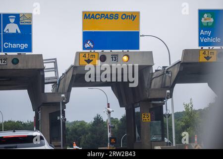 MACPASS On banner at Toll Plaza. MAC PASS is electronic tolling system for Halifax Harbour Bridges HHB and Cobequid Pass to cross Confederation Bridge Stock Photo