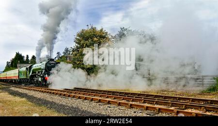 Flying Scotsman Steam Train at Boat of Garten Scotland blowing clouds of steam along the rail track Stock Photo