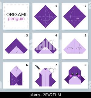 Origami tutorial for kids. Origami cute penguin. Stock Vector