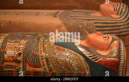 Egyptian wooden painted sarcophagus on brown background Stock Photo