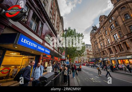 London, UK: Leicester Square underground station on Charing Cross Road located in London's West End. Stock Photo