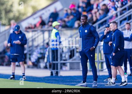 Falkirk, Scotland. 16 September 2023.  The managers John McGlynn (Falkirk - Manager) and Marvin Bartley (Queen of the South - Manager) look on.  Falkirk Vs Queen of the South, Cinch League One  Credit: Raymond Davies / Alamy Live News Stock Photo