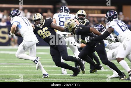 New Orleans, USA. 27th Aug, 2023. Houston Texans quarterback C.J. Stroud  (7) sets up behind center Jarrett Patterson (68) during a National Football  League preseason game at the Caesars Superdome in New