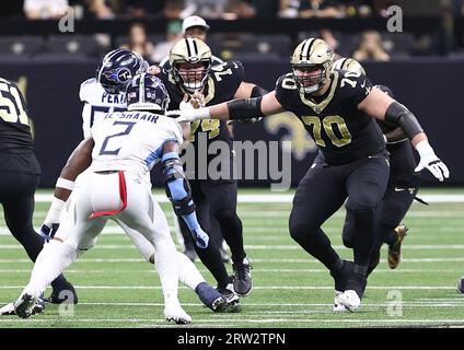 New Orleans, USA. 10th Sep, 2023. New Orleans Saints offensive tackle Trevor Penning (70) waits to engage with Tennessee Titans linebacker Azeez Al-Shaair (2) during a National Football League game at Caesars Superdome in New Orleans, Louisiana on Sunday, September 10, 2023. (Photo by Peter G. Forest/Sipa USA) Credit: Sipa USA/Alamy Live News Stock Photo