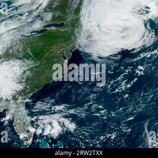 Miami, United States. 16th Sep, 2023. NOAA GEOS-East satellite image showing Post-Tropical Cyclone Lee lashing Maine and parts of New England as the weakened storm prepares to make landfall in Nova Scotia, September 16, 2023. Credit: NESDIS/STAR/NOAA/Alamy Live News Stock Photo